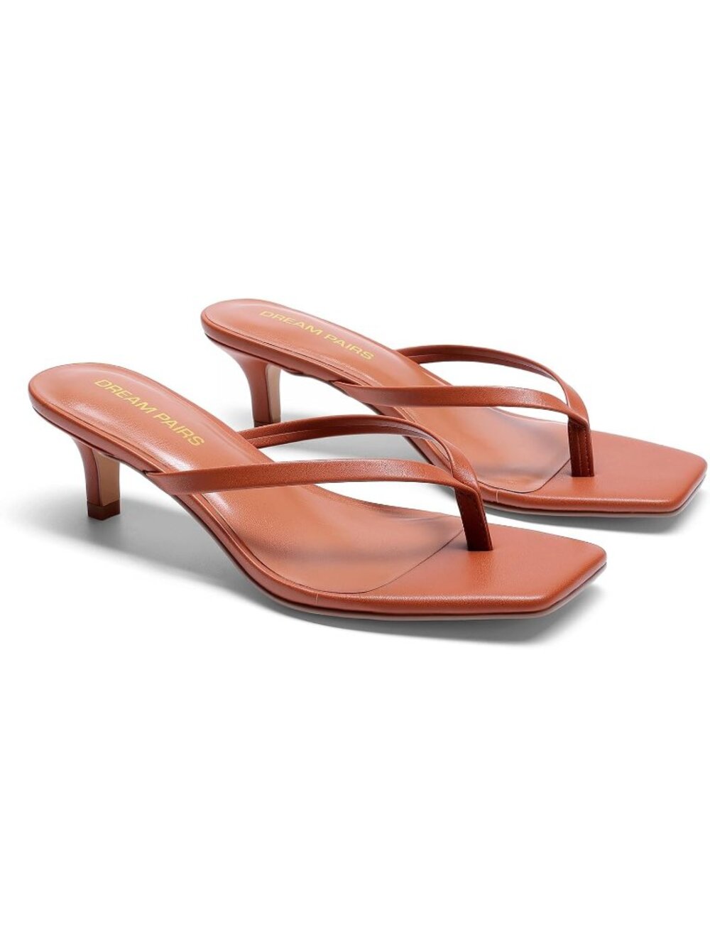 Women's Brown Faux Leather Square Toe Minimalist Flip Flop Kitten Heel Sandal
